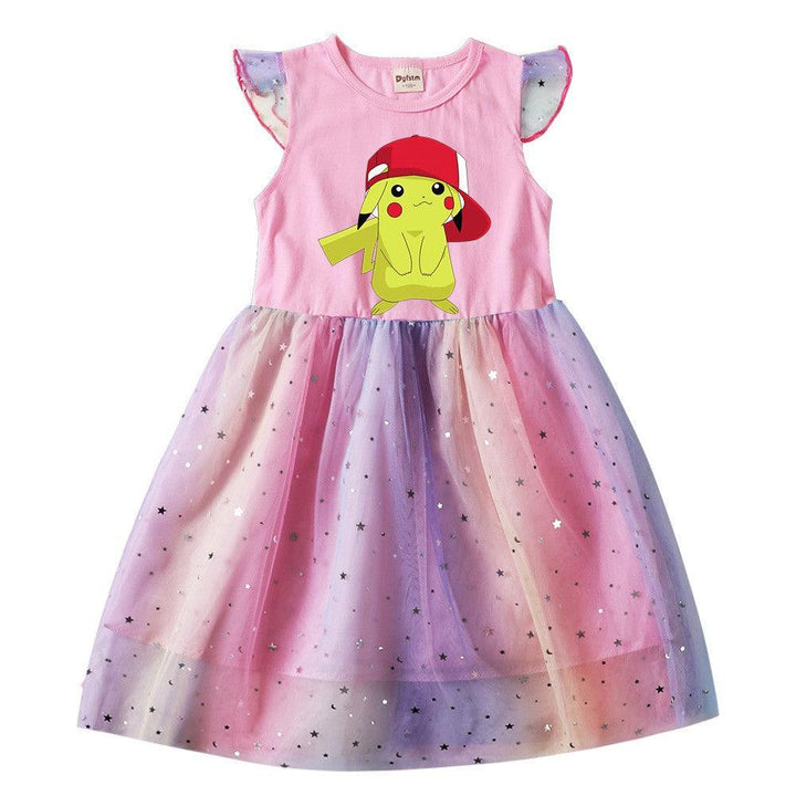 Pikachu Print Girls Summer Frill Sleeves Sequins Rainbow Tulle Dress - pinkfad