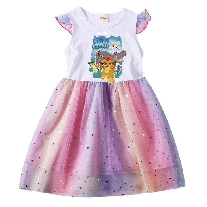 Girls The Lion Guard Print Frill Shoulder Sequins Tulle Party Dress