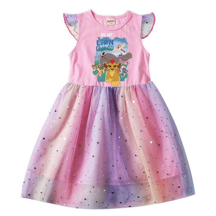 Girls The Lion Guard Print Frill Shoulder Sequins Tulle Party Dress - pinkfad