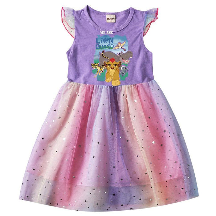 Girls The Lion Guard Print Frill Shoulder Sequins Tulle Party Dress - pinkfad
