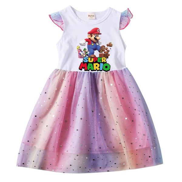 Super Mario Print Girls Cotton Stars Sequins Tulle Summer Party Dress