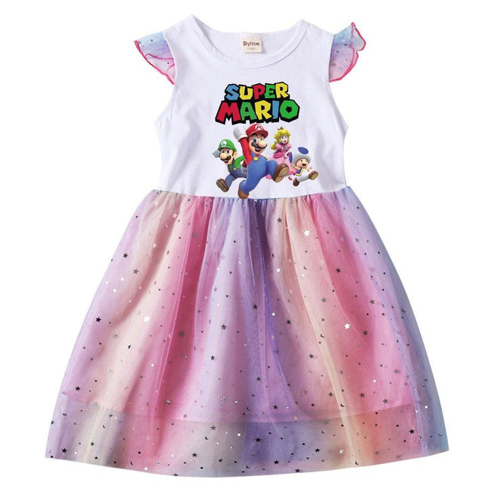 Girls Super Mario Print Moon Stars Sequins Tulle Frill Party Dress