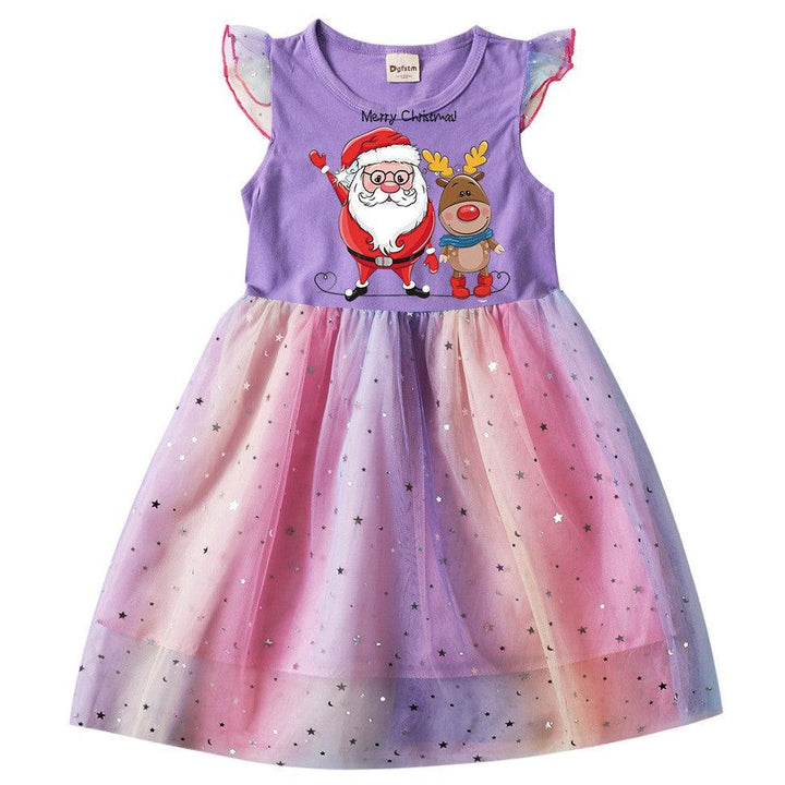 Merry Christmas Reindeer Print Girls Star Sequins Tulle Skater Dress - pinkfad
