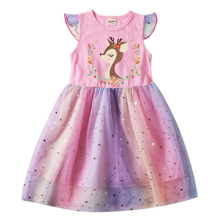 Girls Sika Deer Cartoon Print Cotton Star Sequins Tulle Skater Dress - pinkfad