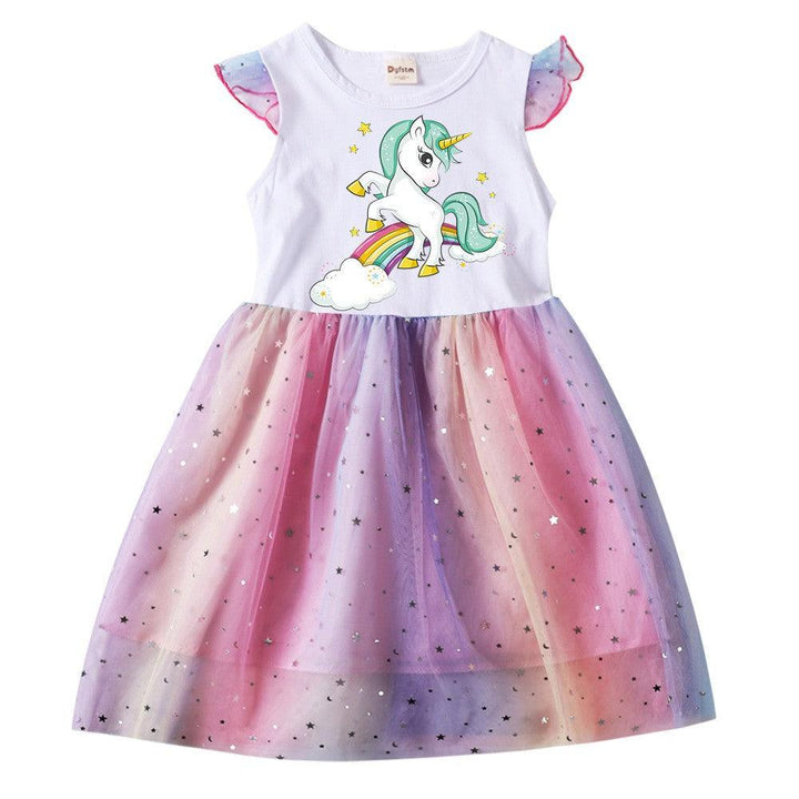 Girls Cute Rainbow Unicorn Print Moon Star Sequins Tulle Skater Dress