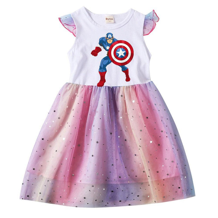 Captain America Print Girls Cotton Top Moon Sequins Tulle Skater Dress