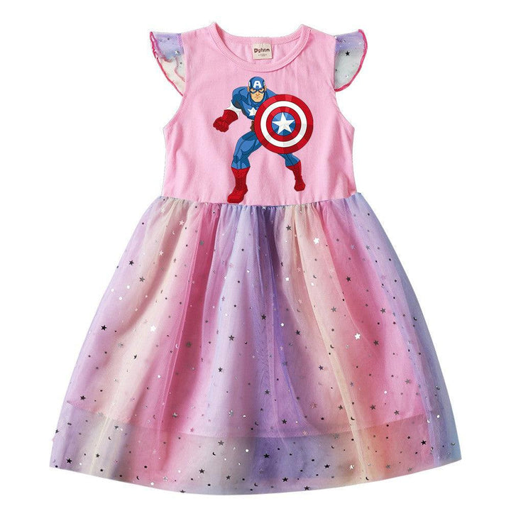 Captain America Print Girls Cotton Top Moon Sequins Tulle Skater Dress - pinkfad