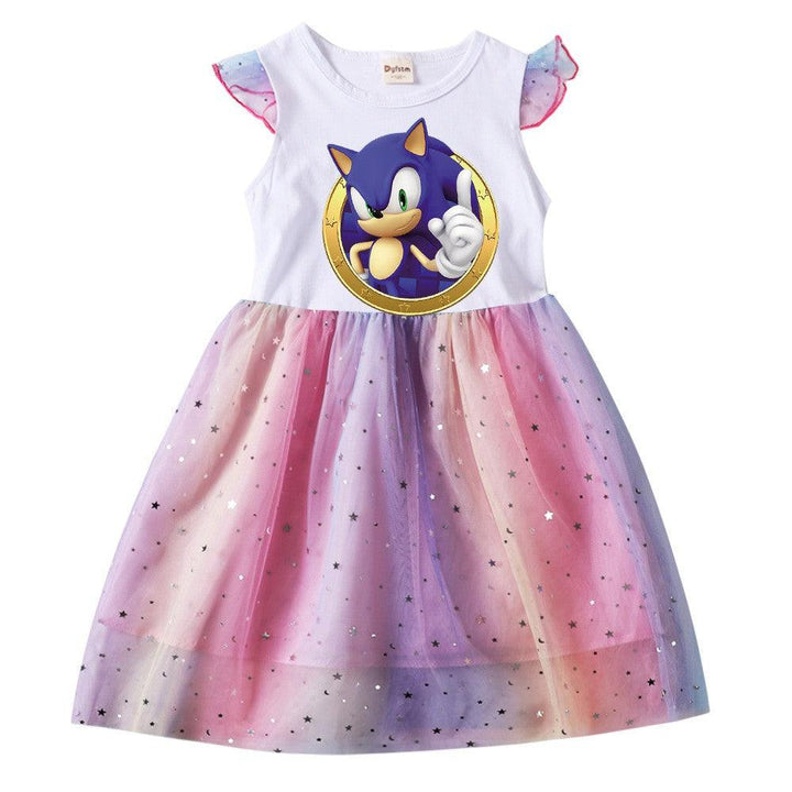 Cartoon Hedgehog Sonic Print Girls Moon Sequins Tulle Skater Dress