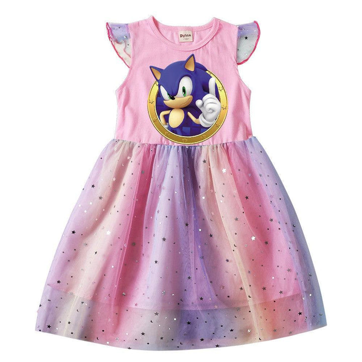 Cartoon Hedgehog Sonic Print Girls Moon Sequins Tulle Skater Dress - pinkfad