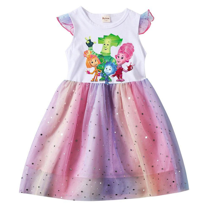 The Fixies Print Girls Pinafore Frill Star Sequined Tulle Skater Dress