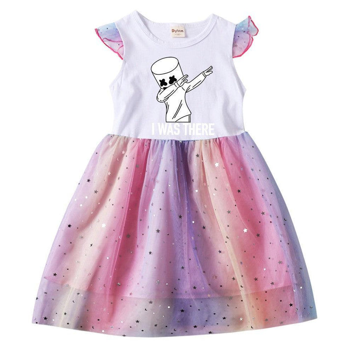 Girls Dab Dance Dj Marshmello Prints Star Sequined Rainbow Tulle Dress