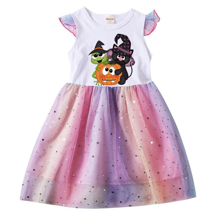 Halloween Pumpkin Black Cat Frog Print Girls Sequined Tulle Dress