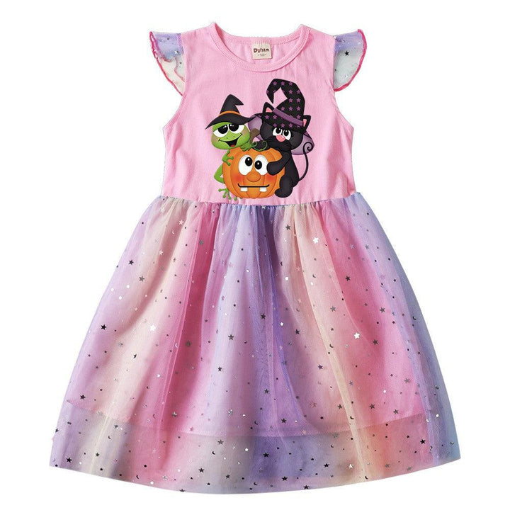 Halloween Pumpkin Black Cat Frog Print Girls Sequined Tulle Dress - pinkfad