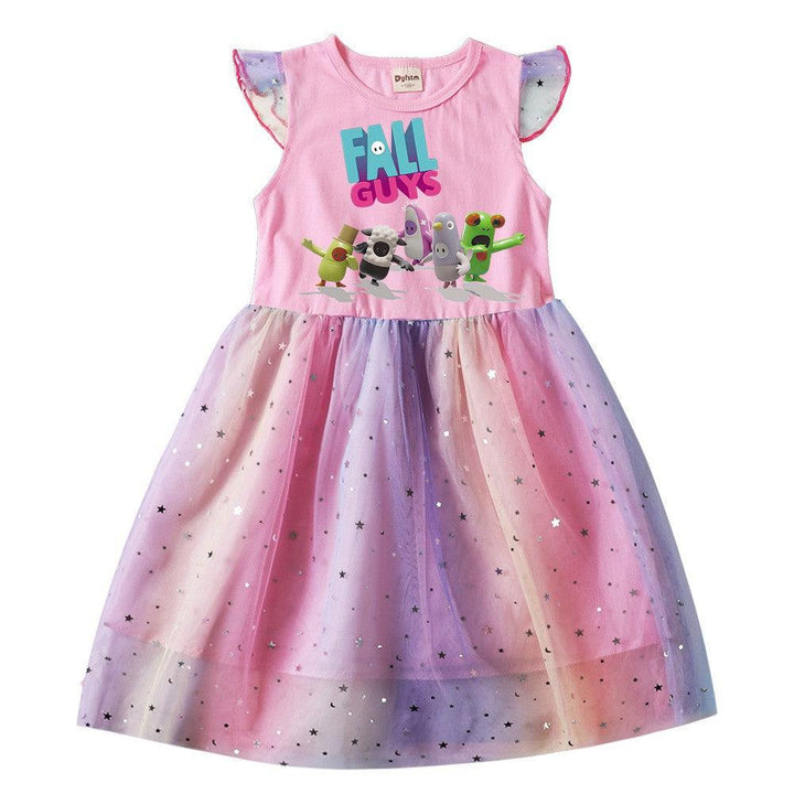 Girls Fun Fall Guys Printed Cotton Top Sequined Tulle Skater Dress - pinkfad