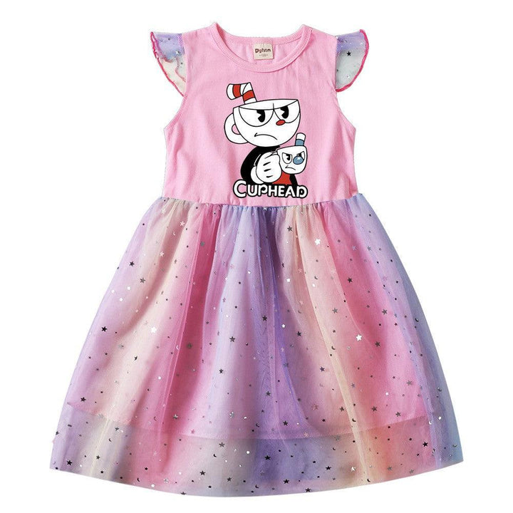 Girls Cuphead Print Cotton Top Frill Sleeve Sequins Tulle Skater Dress - pinkfad