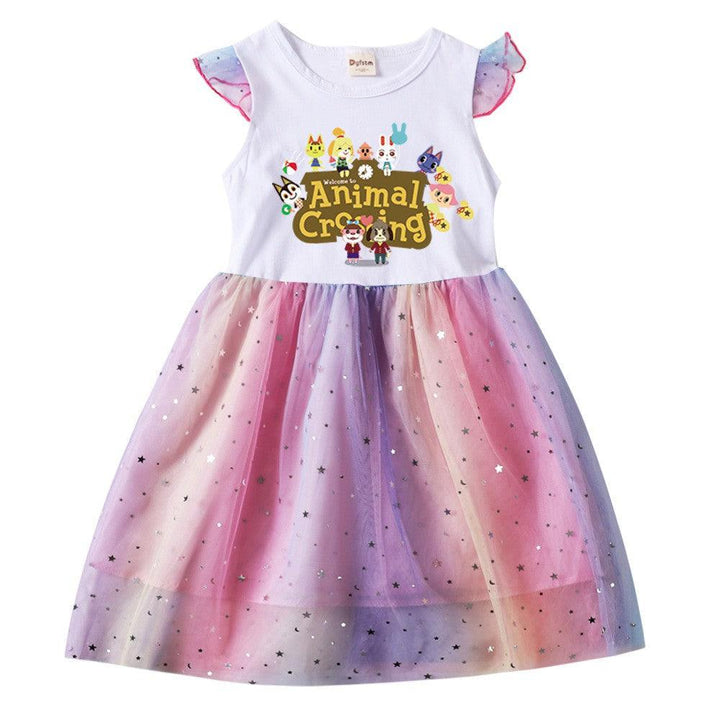 Animal Crossing Printed Girls Rainbow Tulle Dress In Moon Star Sequins