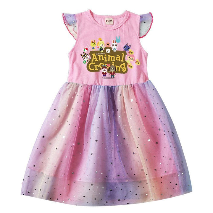 Animal Crossing Printed Girls Rainbow Tulle Dress In Moon Star Sequins - pinkfad