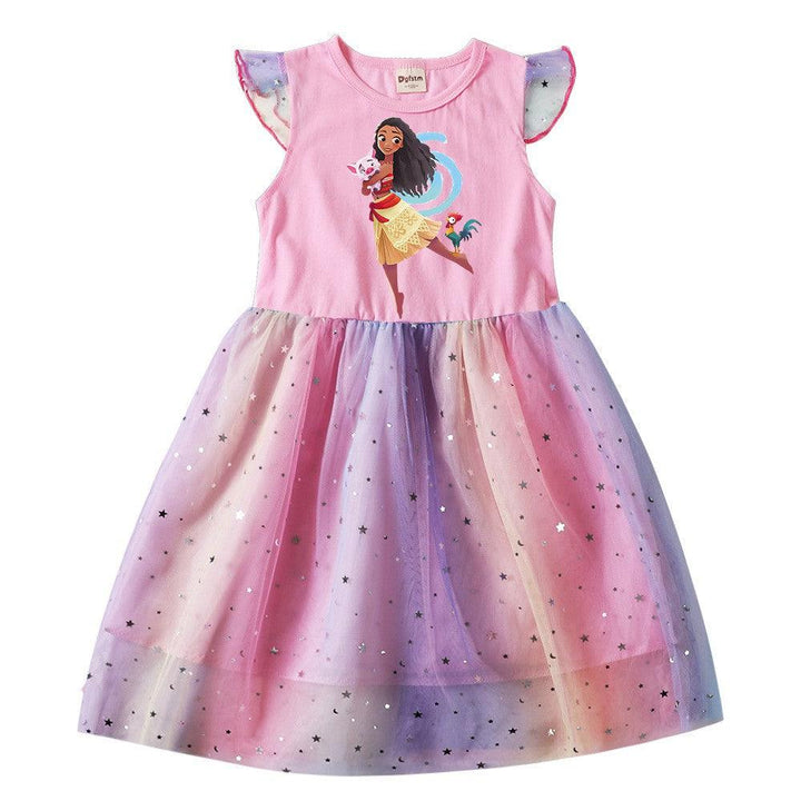 Girls Moana Print Cotton Top Frill Sleeve Sequined Rainbow Tulle Dress - pinkfad