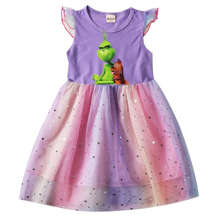 Girls Grinch And Dog Print Frill Shoulder Sequined Rainbow Tulle Dress - pinkfad