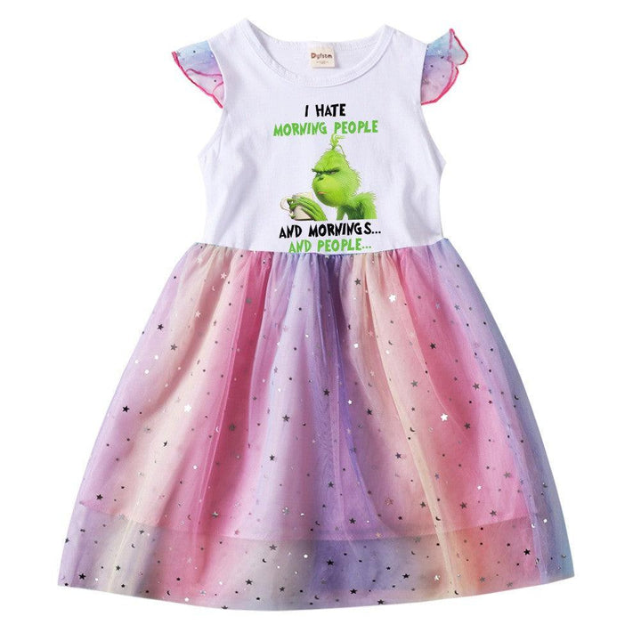Girls Grinch Morning People Print Sequined Rainbow Tulle Skater Dress