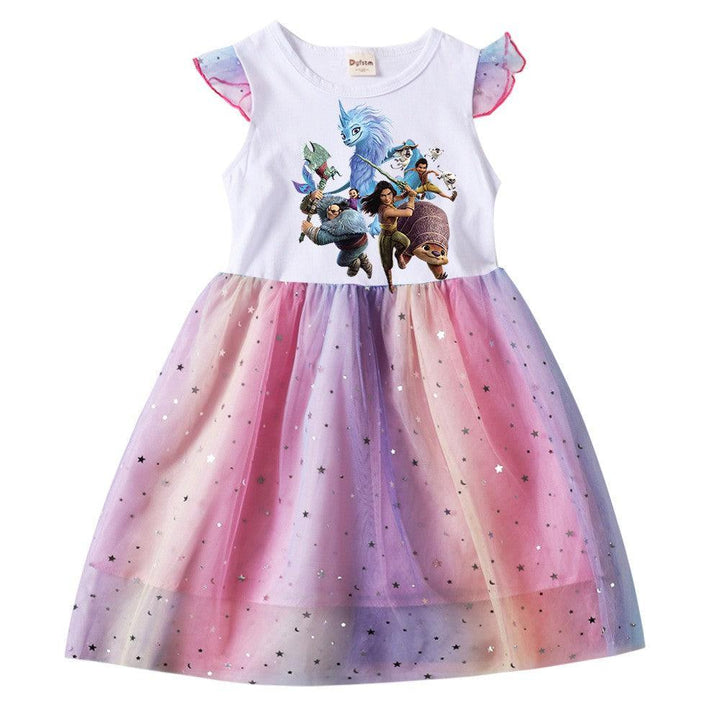 Girls Raya And The Last Drag Print Sequined Rainbow Tulle Skater Dress