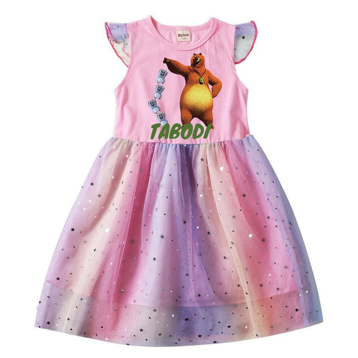 Grizzy Bear Tabodi Print Girls Frill Sleeve Sequins Tulle Skater Dress - pinkfad
