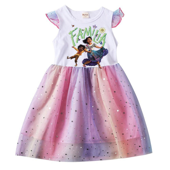 Girls Familia Encanto Print Cotton Top Sequined Rainbow Tulle Dress
