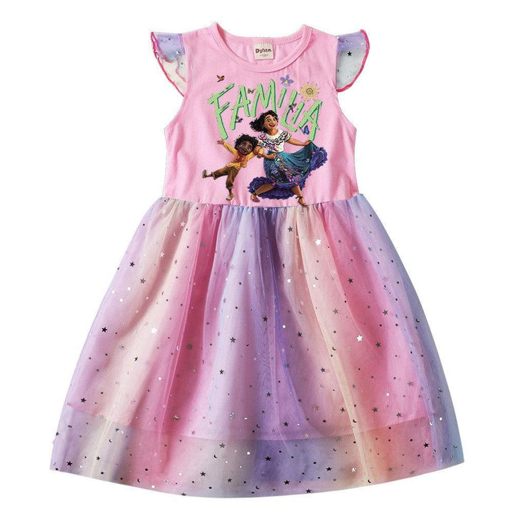 Girls Familia Encanto Print Cotton Top Sequined Rainbow Tulle Dress - pinkfad