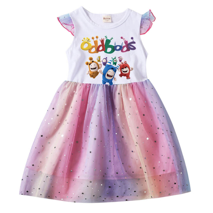 Little Girls Oddbods Print Cute Frill Sleeve Sequins Tulle Dress