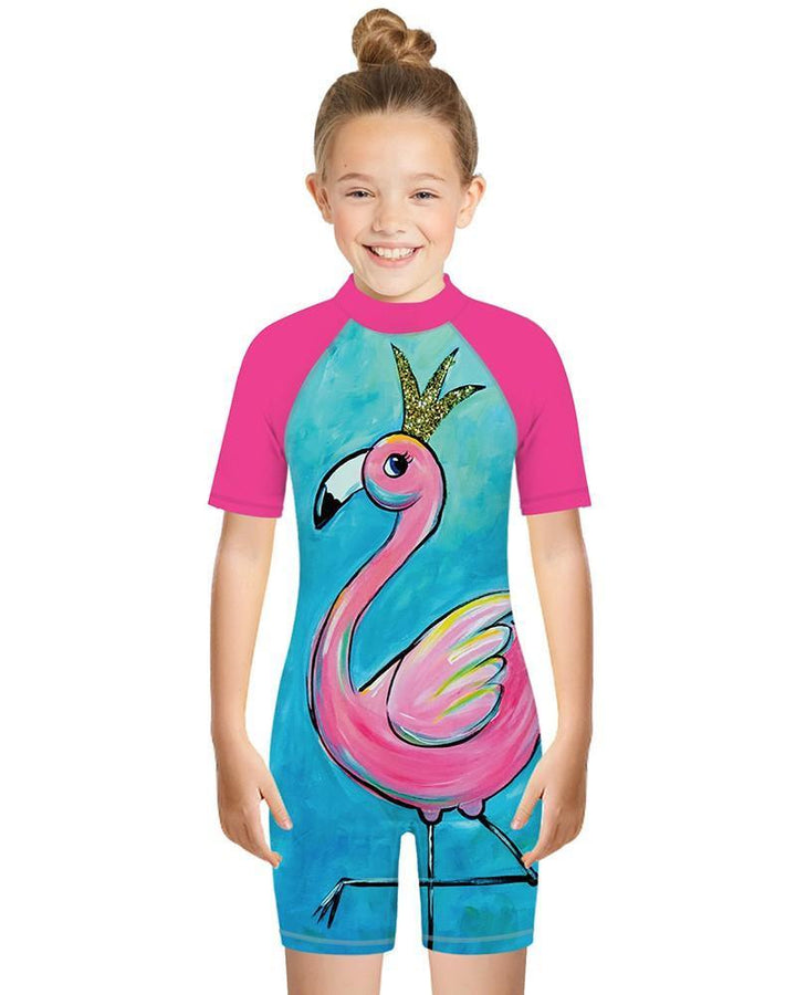 Flamingo Print Girls Boys Short Sleeve One Piece Rash Guard Swimsuit