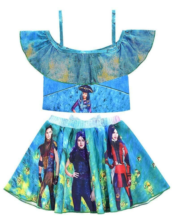 Descendants 3 Print Girls Blue Frill Top And Skirt Two Piece Swimsuit