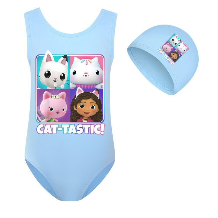 Cat Tastic Print Little Girls Cute One Piece Sporty Beach Swimsuit - pinkfad
