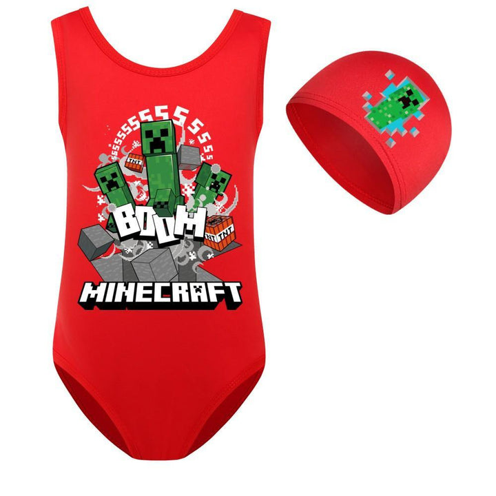 Minecraft Frog Boom Print Girls Pink One Piece Beach Sporty Swimsuit - pinkfad