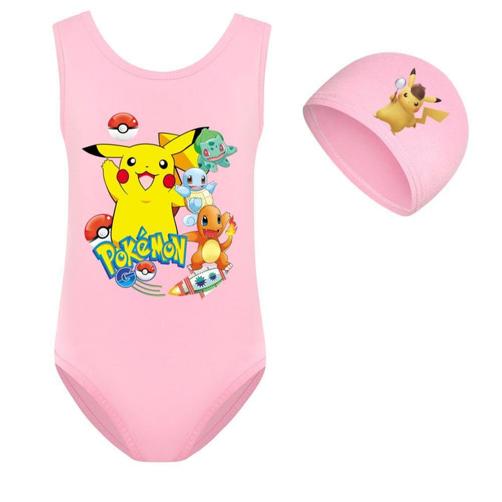 Pokemon Pikachu Detective Print Girls One Piece Beach Swimsuit And Cap