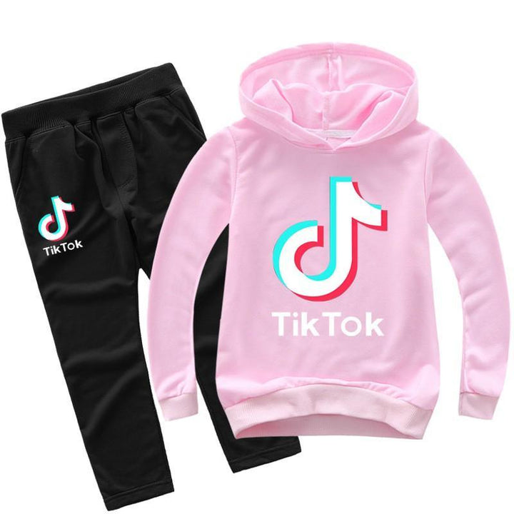 Boys Girls Tik Tok Printed Cotton Hoodie And Pants Set Sport Suit - pinkfad