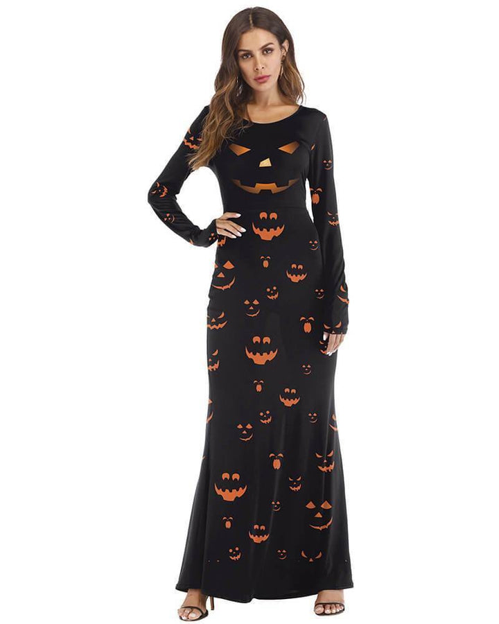 Black Halloween Pumpkin Print Maxi Dress