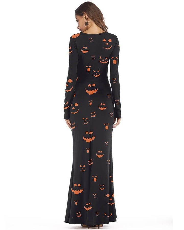 Black Halloween Pumpkin Print Maxi Dress - pinkfad