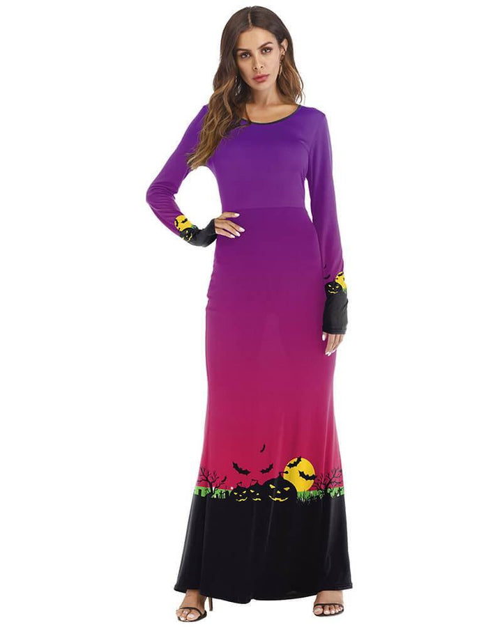 Halloween Night Pumpkin Print Long Sleeve Maxi Dress Purple Black