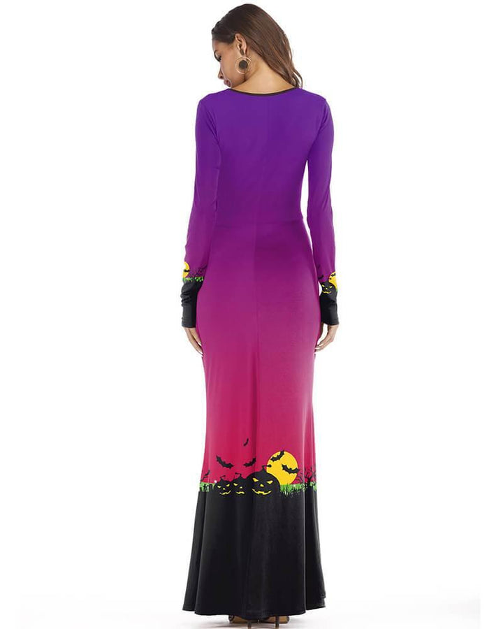Halloween Night Pumpkin Print Long Sleeve Maxi Dress Purple Black - pinkfad