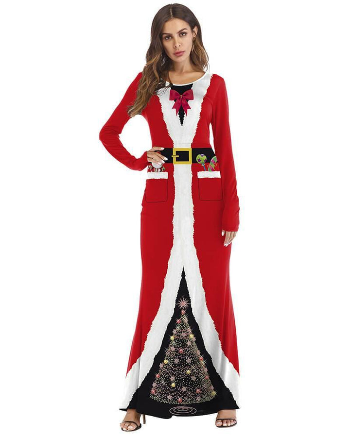 Christmas Santa Claus Red Robe Gown Printed Maxi Mermaid Hem Dress