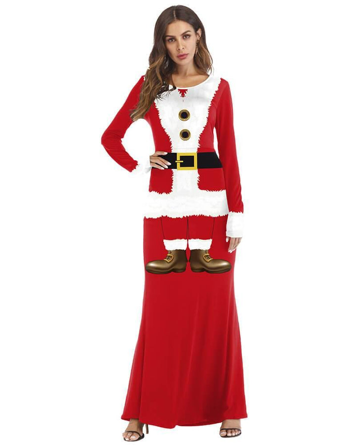 Funny Christmas Santa Claus Red Suit Printed Long Gown Maxi Dress
