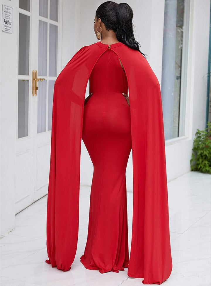 Red Long Slit Cape Sleeves Maxi Bodycon Party Prom Dress - pinkfad