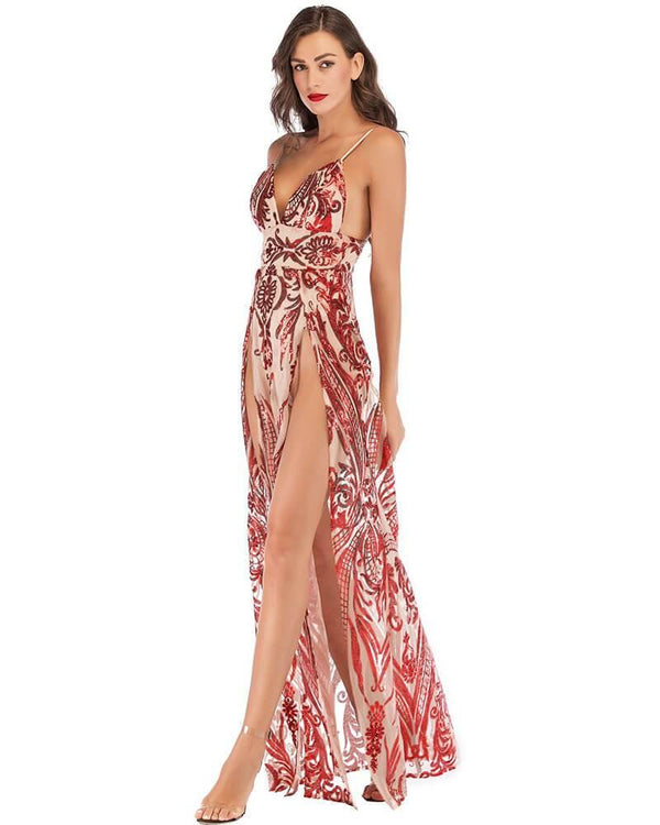 Red Pattern Sequin Thigh High Slit Party Evening Gown Maxi Slip Dress
