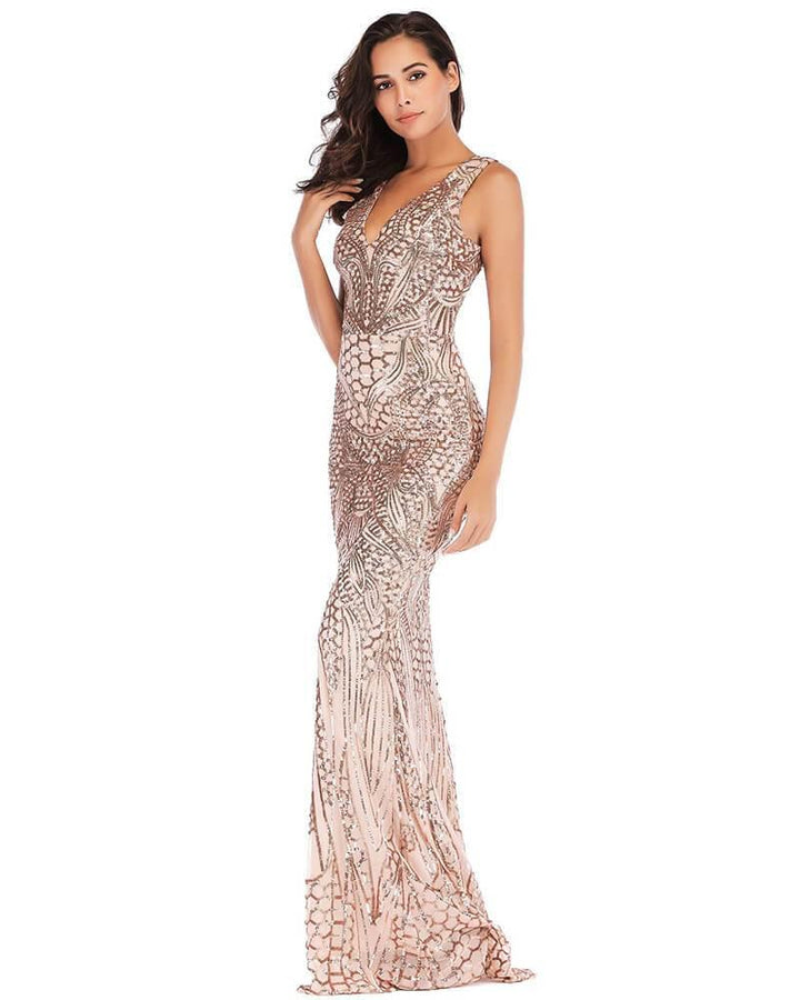 Geo Patterned Sequin Sleeveless Formal Evening Gown Party Maxi Dress