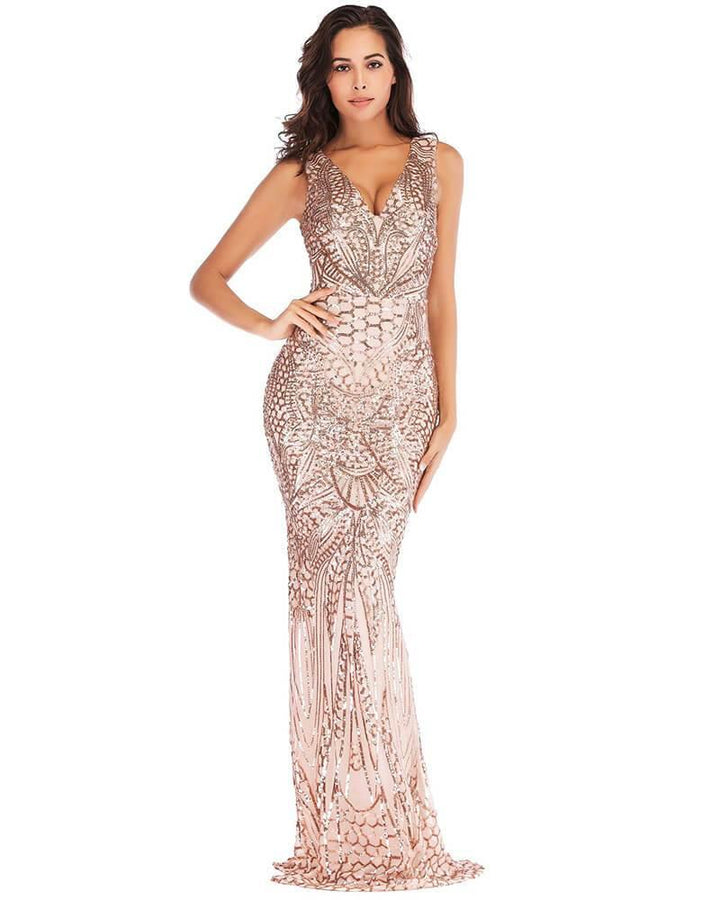 Geo Patterned Sequin Sleeveless Formal Evening Gown Party Maxi Dress - pinkfad