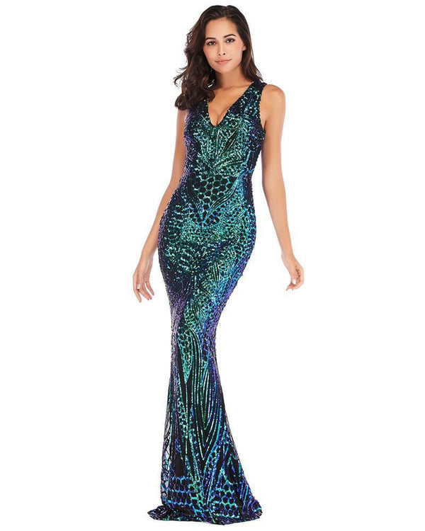 Haute Geo Patterned Sequin Formal Evening Gown Party Maxi Dress