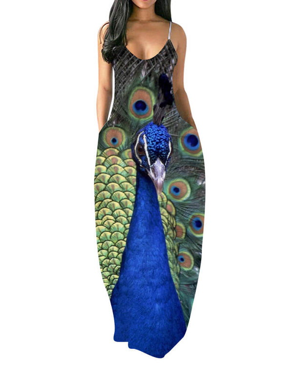 Peacock Feather Print Maxi Holiday Party Beach Slip Dress