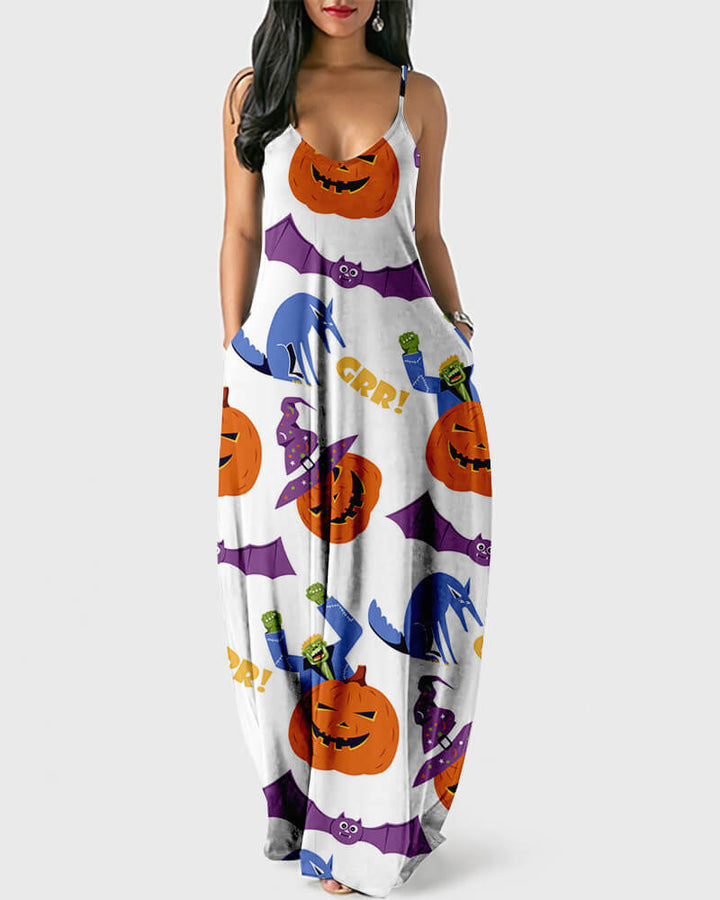 Halloween Pumpkin Bat Print Maxi Slip Beach Party Dress