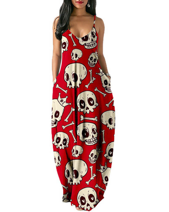 Halloween Skull Print Red Maxi Slip Beach Party Dress