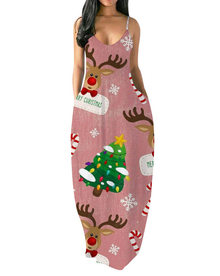 Christmas Tree Reindeer Rudolf Print Maxi Slip Beach Party Dress